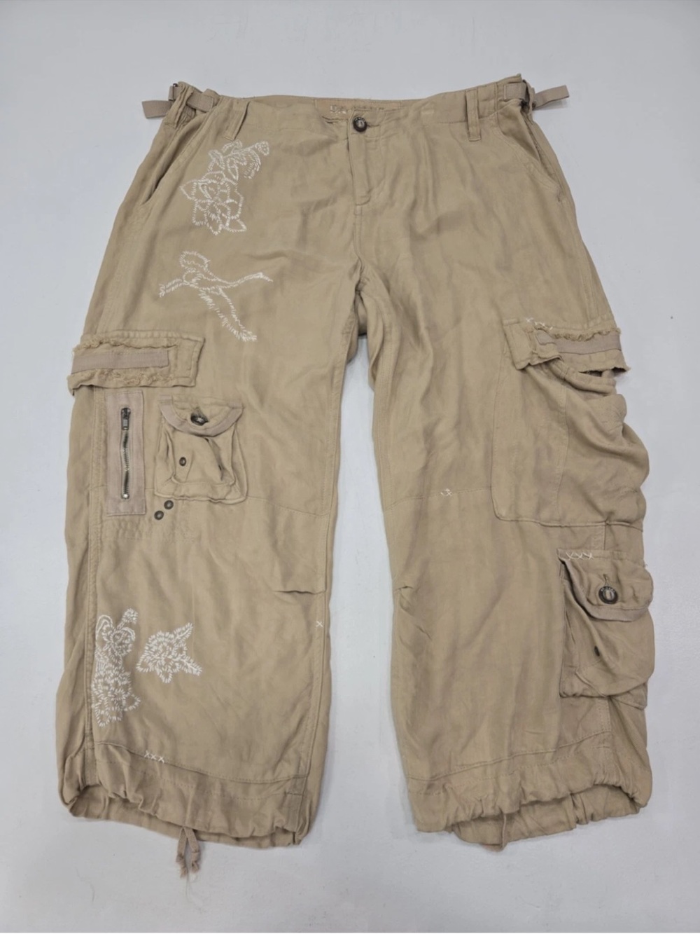 Da-Nang Tan Dune Embroidered Silk Capris Size L Cargo Y2K Vintage Womens
